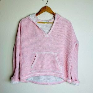 AE Pink White Baja Fringe Knit Hooded Sweater